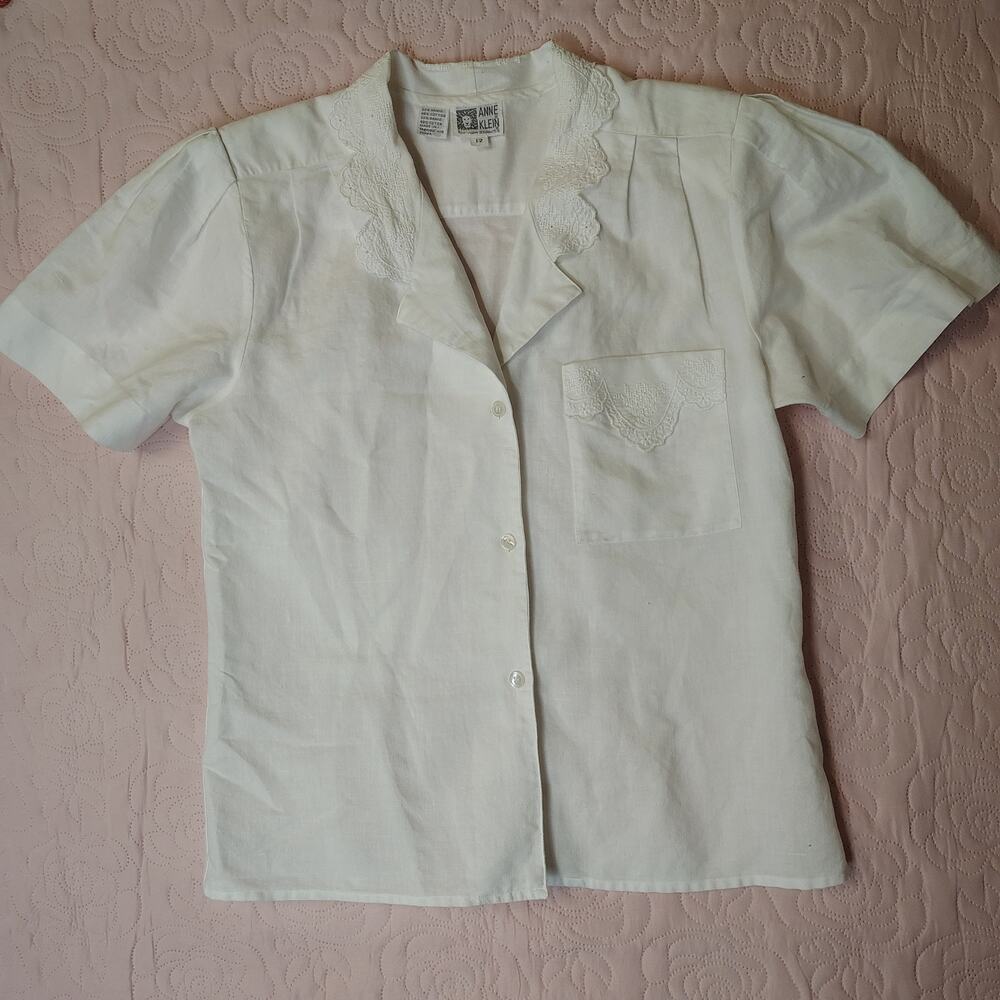 Anne Klein New Aspects Blouse 12 Ramie Cotton White Lace Embroidered Shirt
